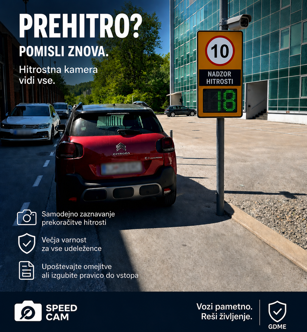 SPEED CAM omogoča samodejno zaznavanje prekoračitev hitrosti, prepoznavo registrskih tablic in pripravo poročil za večjo prometno varnost v podjetjih.
